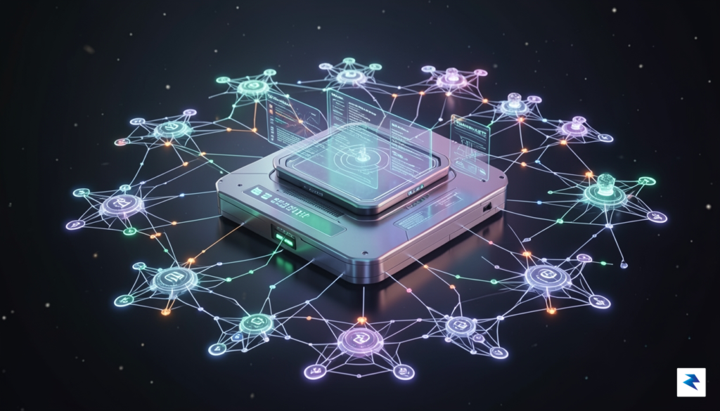 A conceptual digital visualization showing a central security hub connected…