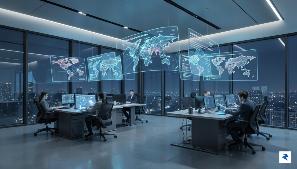 A modern, high-tech security operations center with holographic data visualization,…