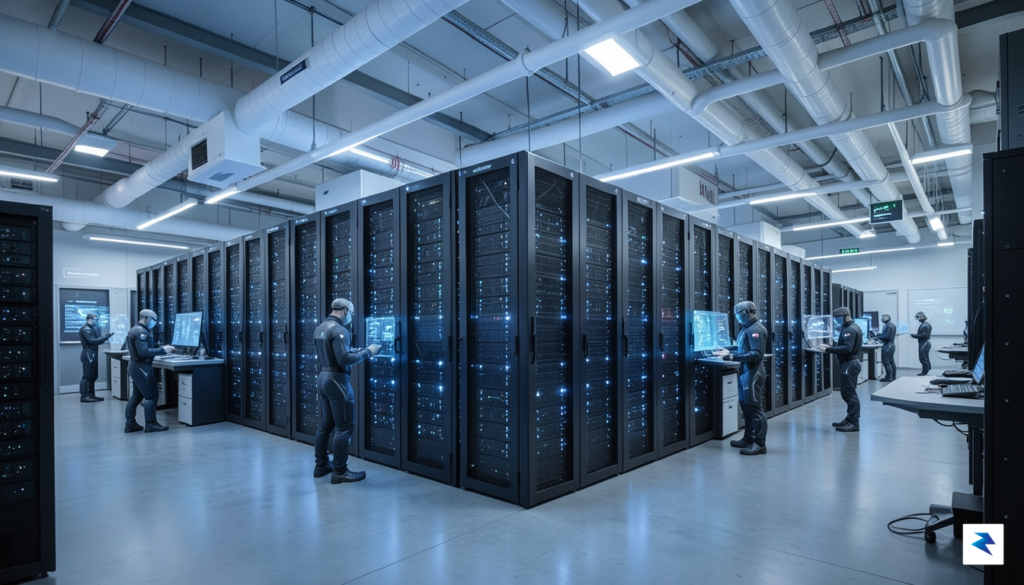 A vast, futuristic data center interior with rows of glowing&hellip;