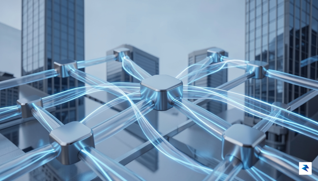 A sophisticated, abstract digital rendering depicting interconnected nodes and pathways,&hellip;