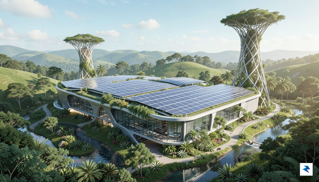 A conceptual illustration of a futuristic, eco-friendly data center integrated…