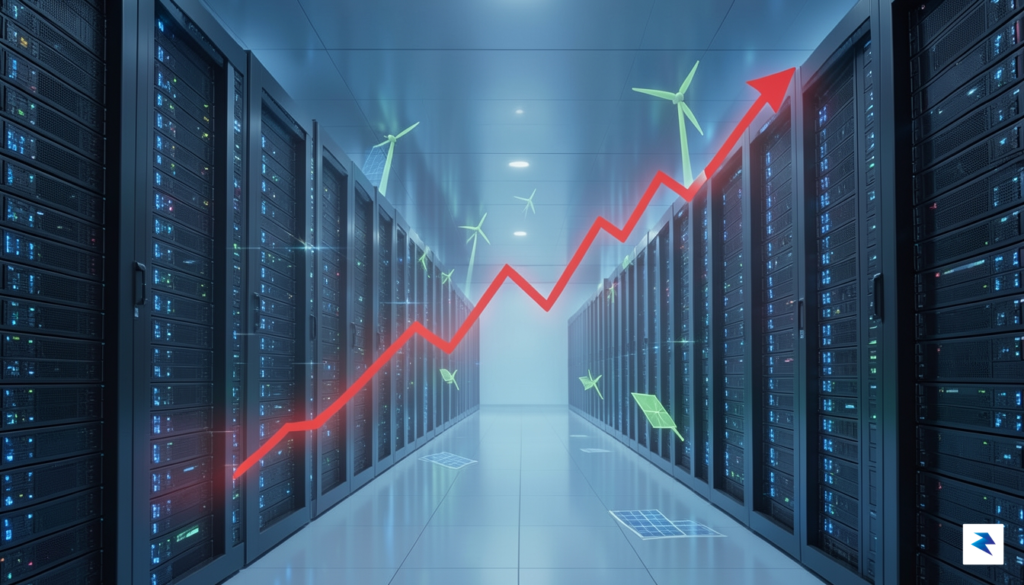 A vibrant, futuristic data center with servers glowing, overlaid with…