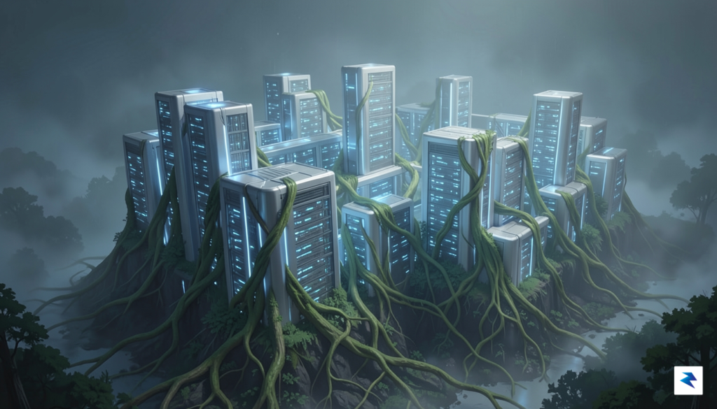 A conceptual digital illustration showing a glowing, futuristic data center…