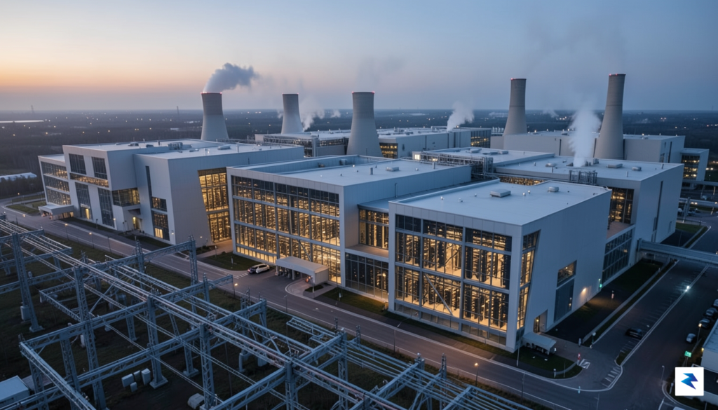 An aerial wide shot of a massive, modern data center…