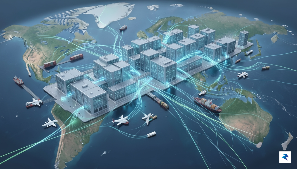 A conceptual digital illustration showing a sprawling global data center…