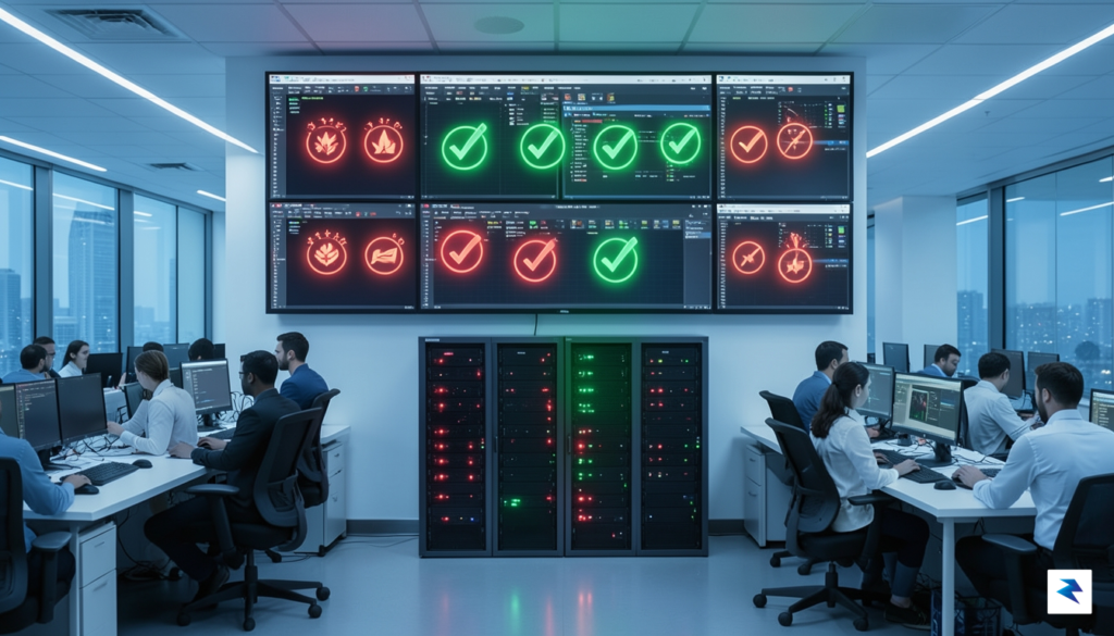 A professional IT security operations center showing a digital dashboard&hellip;
