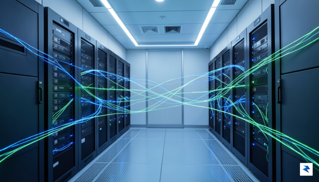 A modern, high-tech server room with glowing blue and green&hellip;