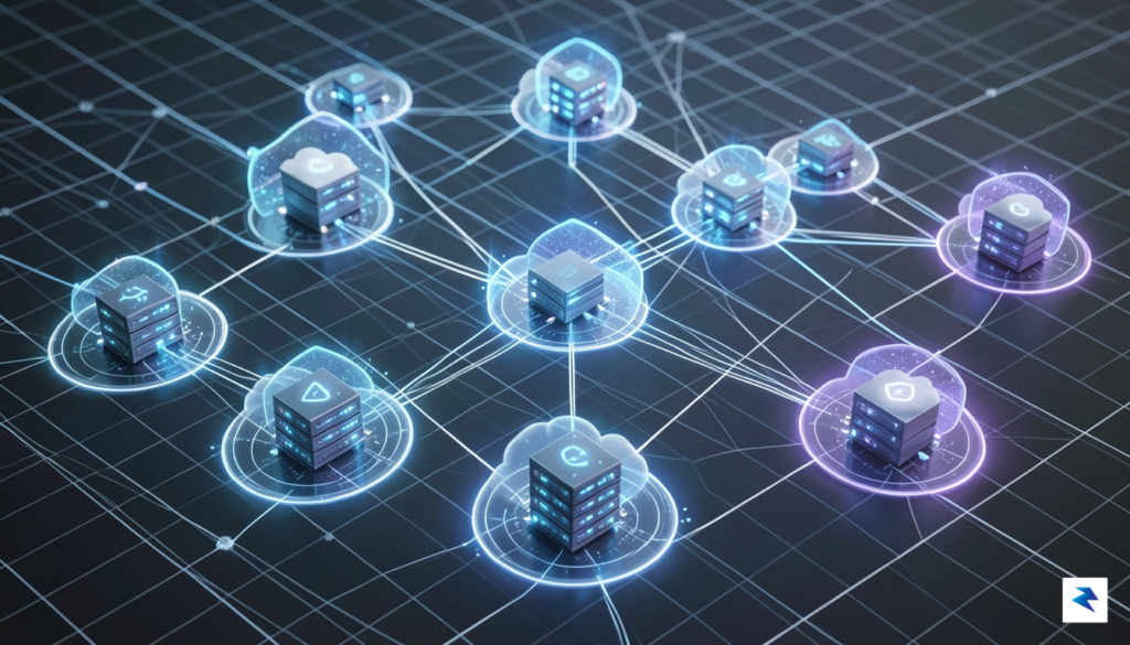 A conceptual digital visualization showing a global network of interconnected&hellip;