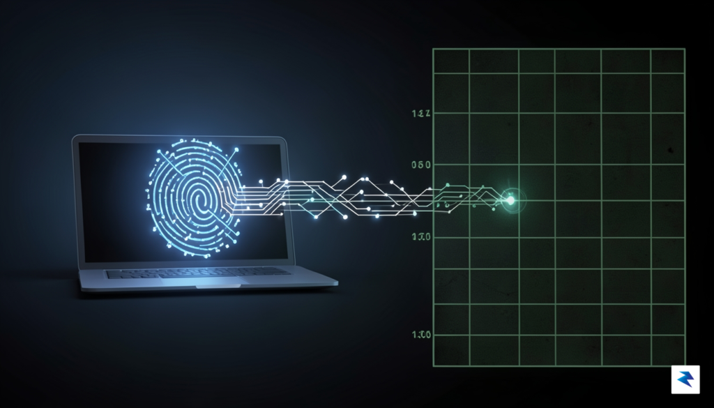 A conceptual illustration showing a glowing digital fingerprint connecting a…