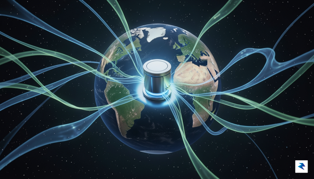 A digital conceptual visualization showing a globe connected by glowing…