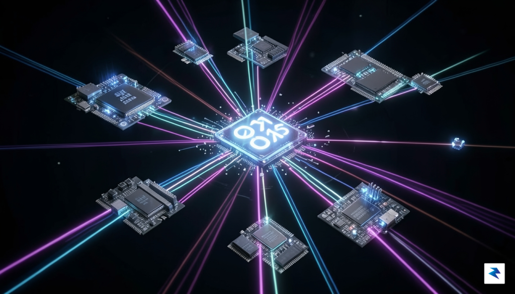 A conceptual digital visualization showing a network of glowing hardware…