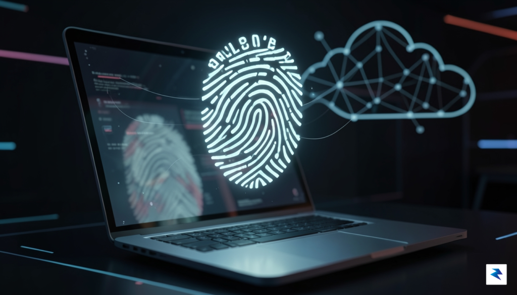 A conceptual digital illustration showing a glowing, unique serial number…
