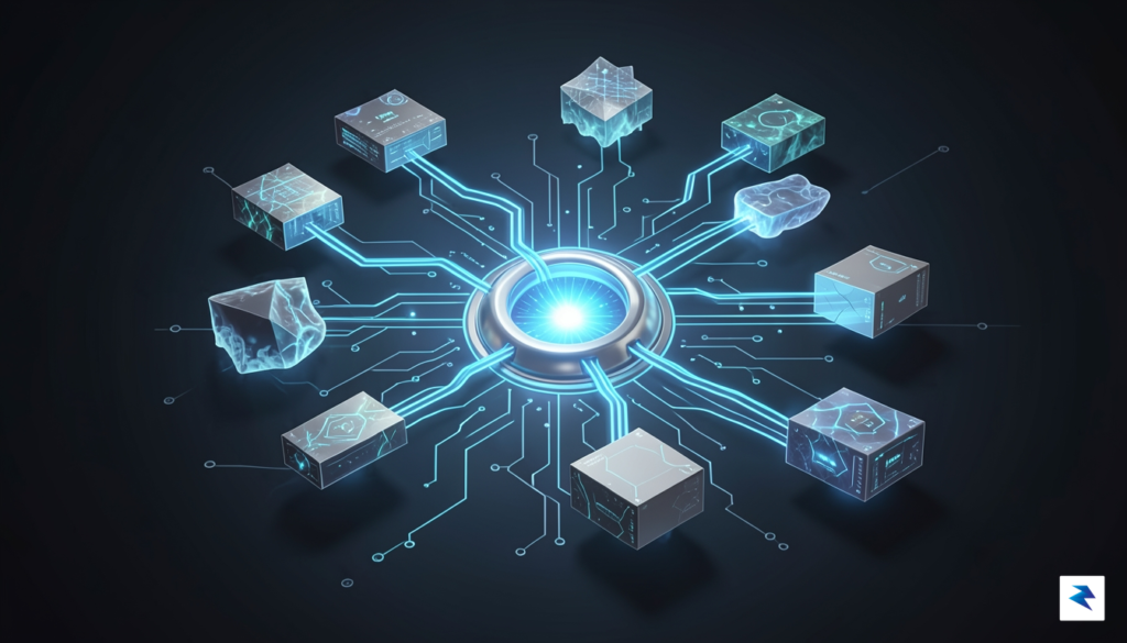 A conceptual digital illustration of a modular software architecture with&hellip;