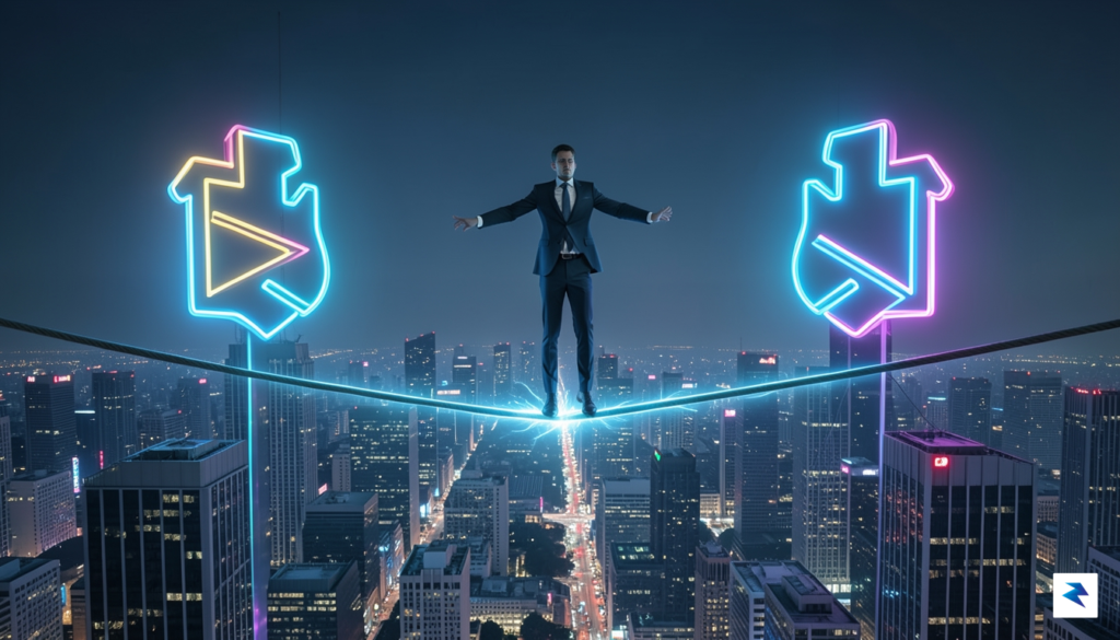 A conceptual digital artwork depicting a corporate tightrope walker balancing&hellip;