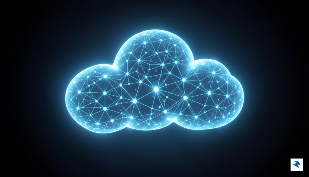 A conceptual digital illustration of a glowing blue cloud infrastructure&hellip;