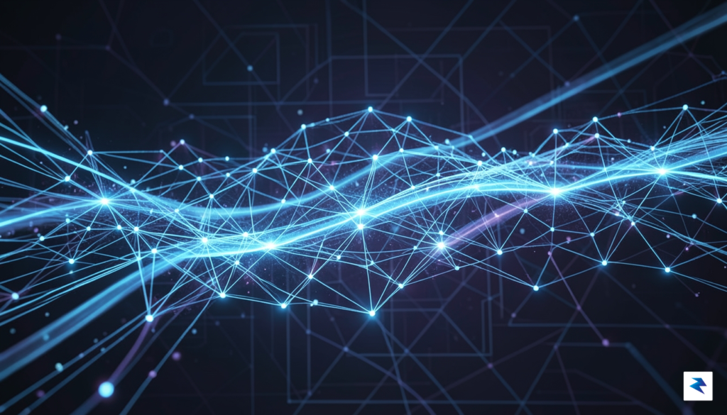 A digital visualization showing a fast-moving, glowing network web being…