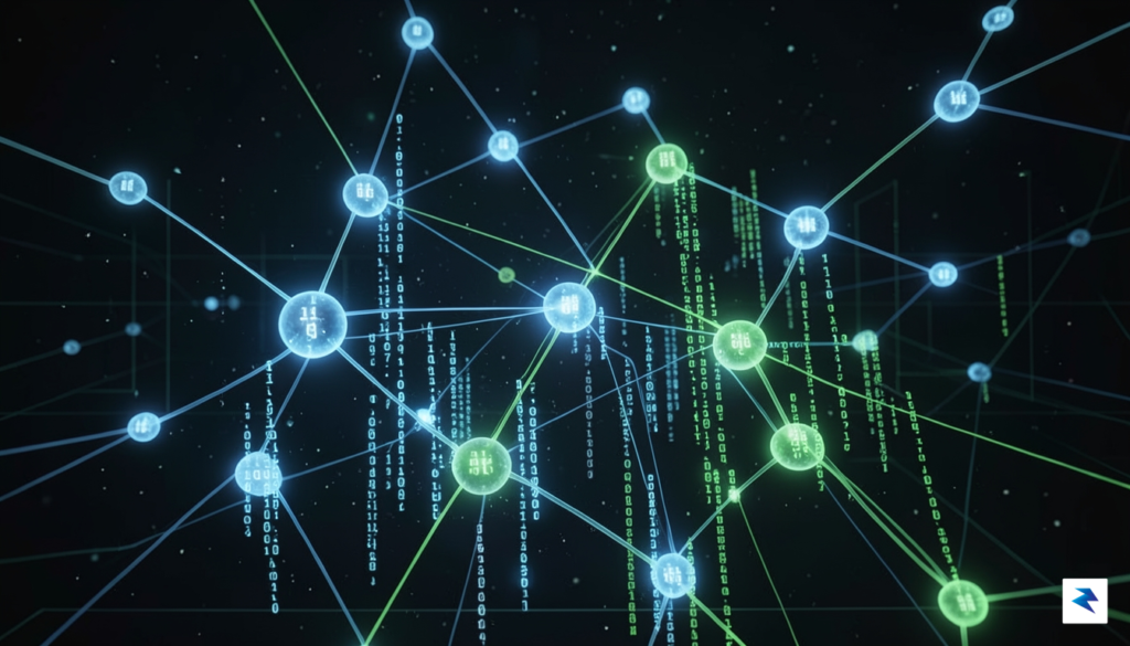 A conceptual digital visualization showing glowing neural network nodes analyzing…