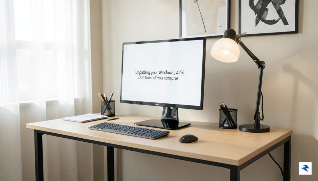A modern, minimalist home office desk setup with a computer…