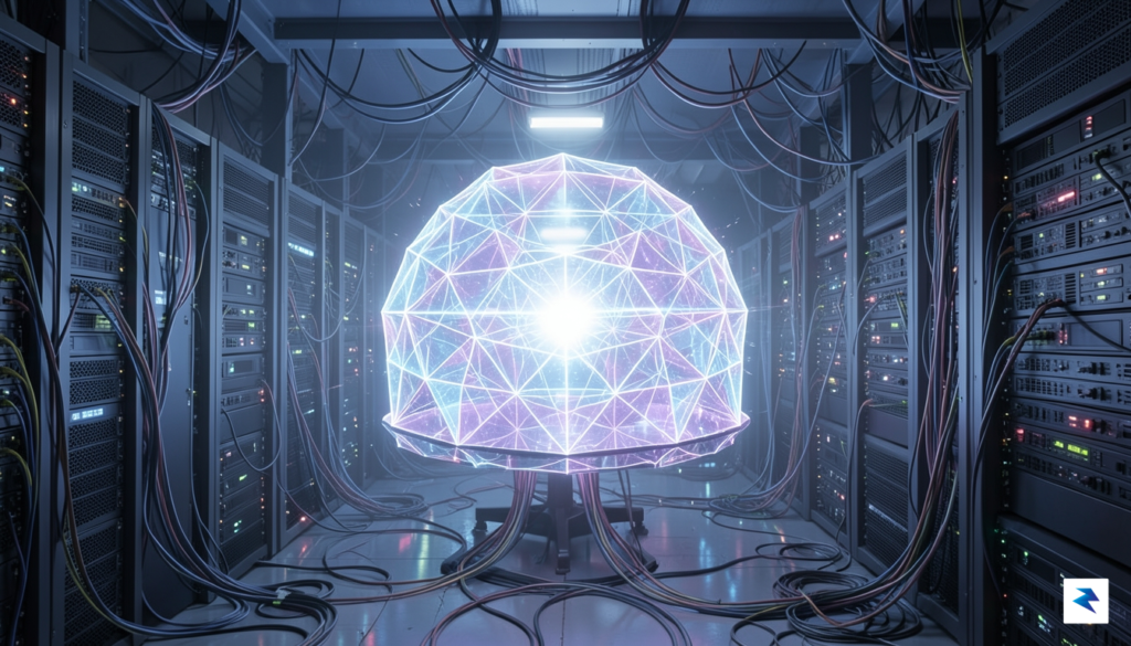 A conceptual digital illustration of a complex server room network…