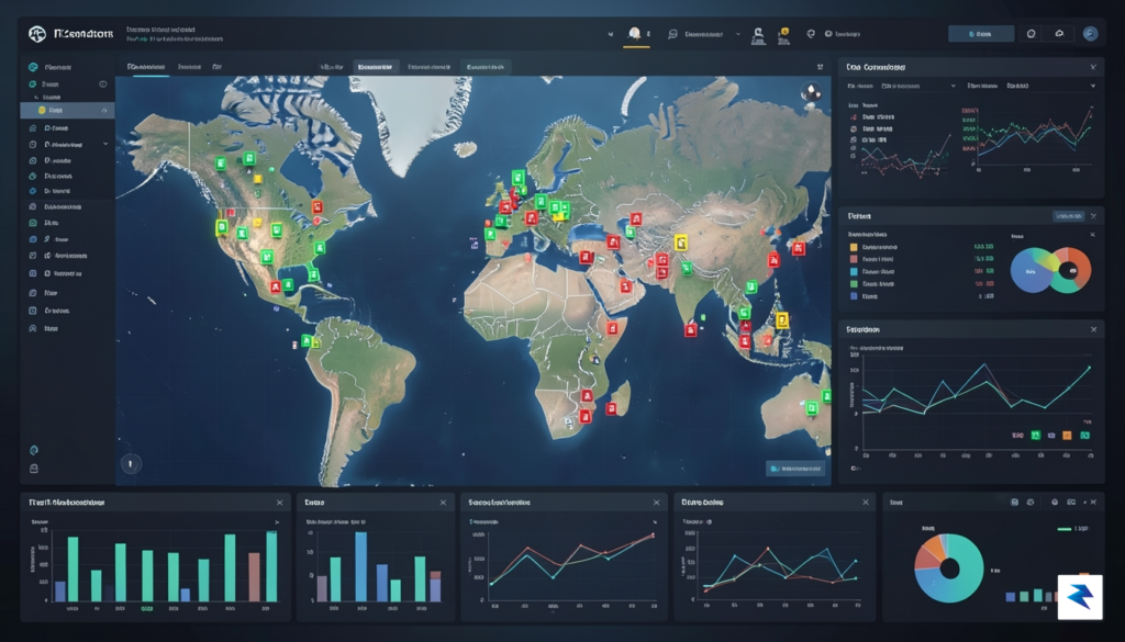 A modern IT command center dashboard showing a global map…