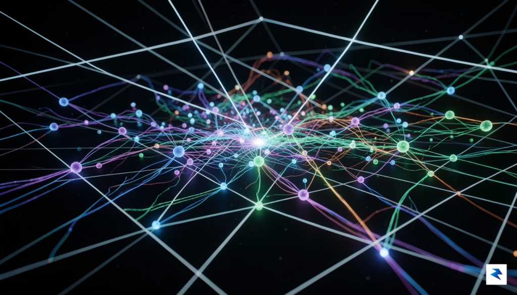 A conceptual digital visualization showing a complex, glowing network of…
