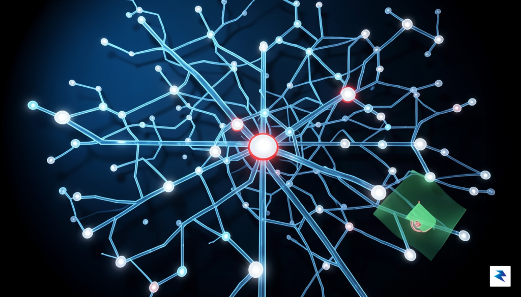 A digital visualization of complex, interconnected software code architecture with…