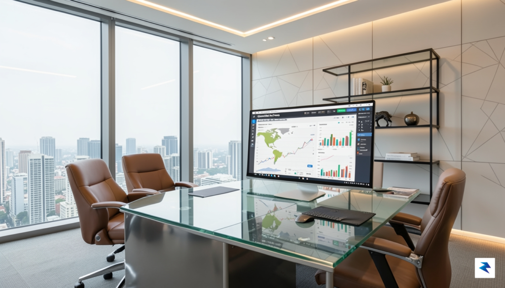 A modern, sleek corporate office interior overlooking a digital financial…