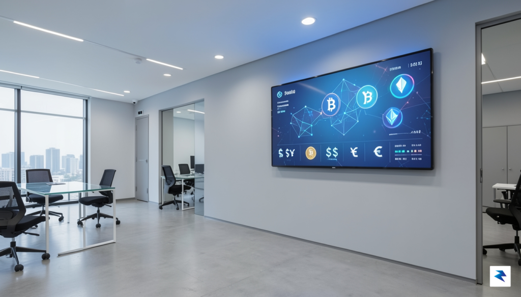 A modern, minimalist corporate office interior featuring a digital dashboard…