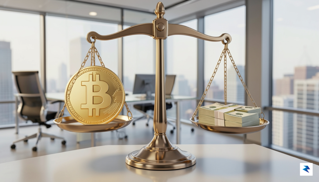 A conceptual digital illustration showing a balance scale, with a…