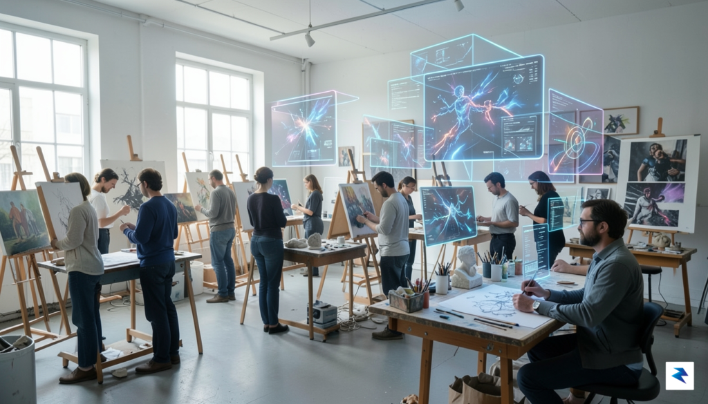 A diverse group of human artists collaborating with glowing, futuristic…