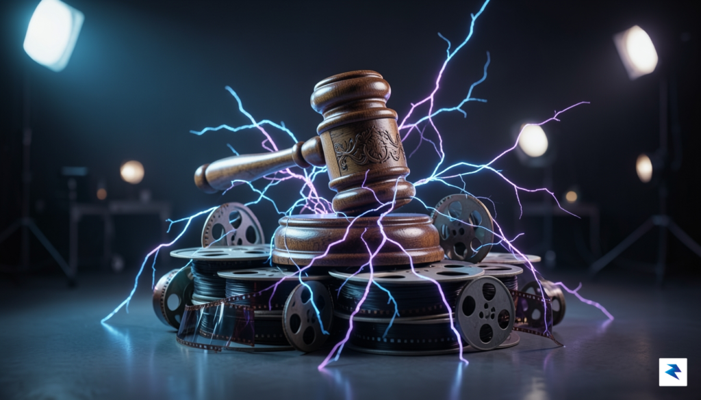 A conceptual digital art piece depicting a gavel resting on…
