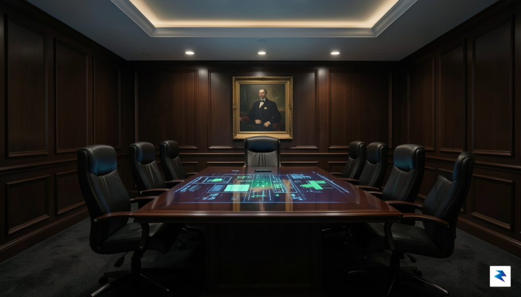 A cinematic, high-contrast shot of a sleek, dark legal boardroom…