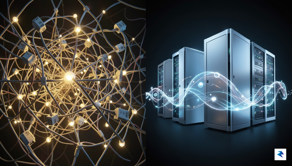 A conceptual digital illustration showing a clean, high-tech server architecture&hellip;