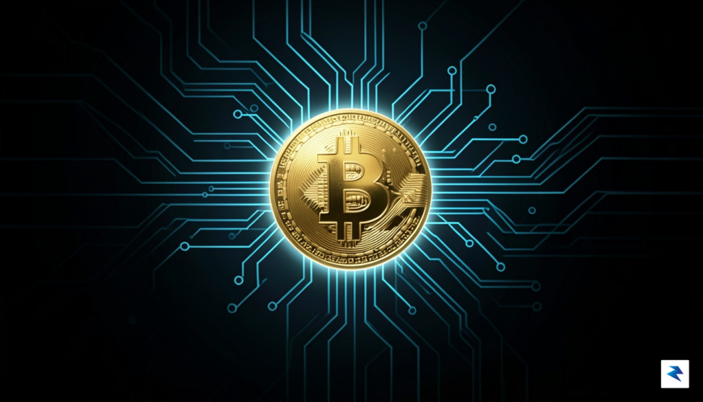 A conceptual digital art piece showing a glowing, golden cryptocurrency…