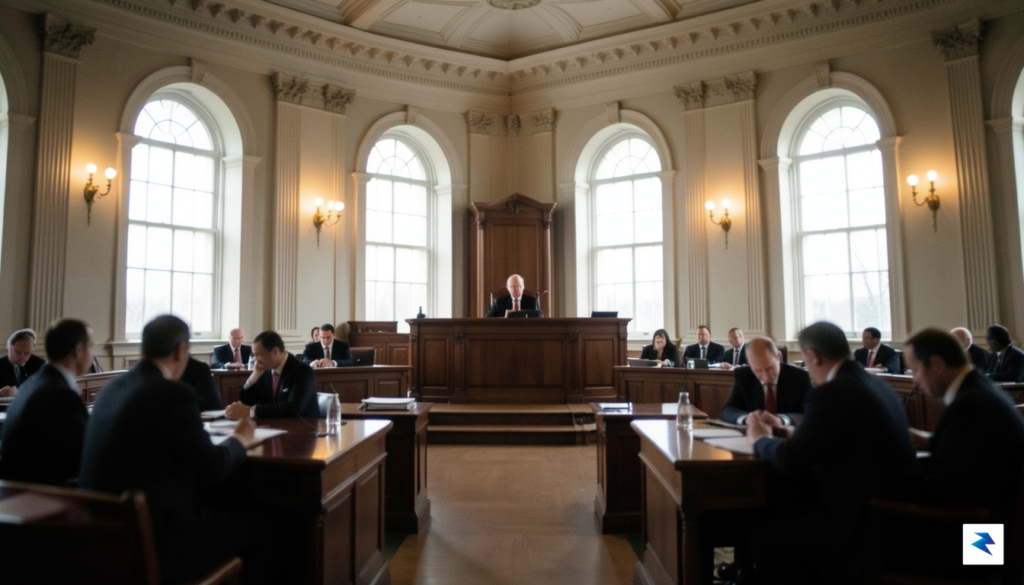 A somber, professional courtroom setting showing the blurred silhouettes of…