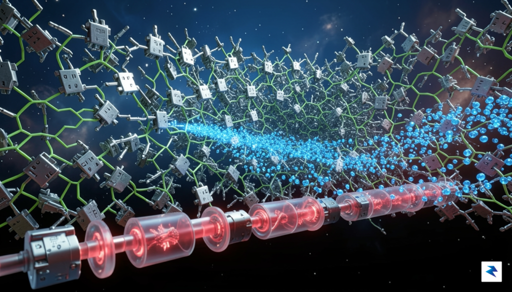 A conceptual 3D visualization showing a stream of data bits&hellip;