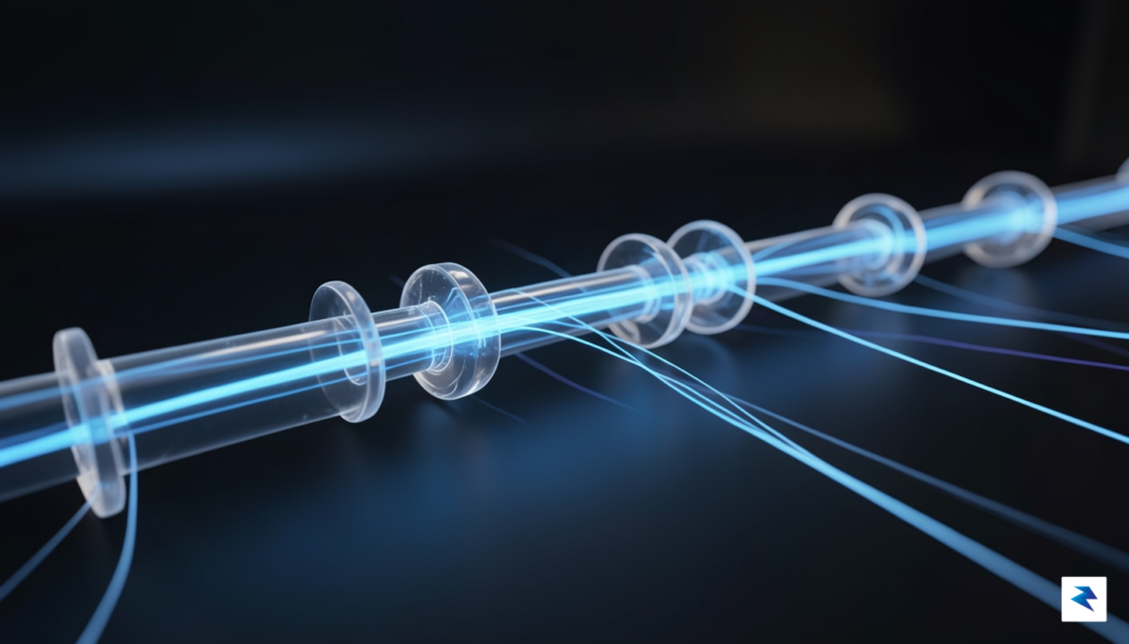 A 3D architectural rendering showing a data stream flowing smoothly&hellip;