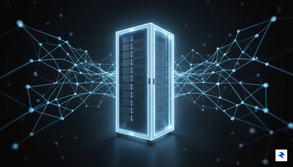 A conceptual digital visualization showing a secure, glowing server rack&hellip;