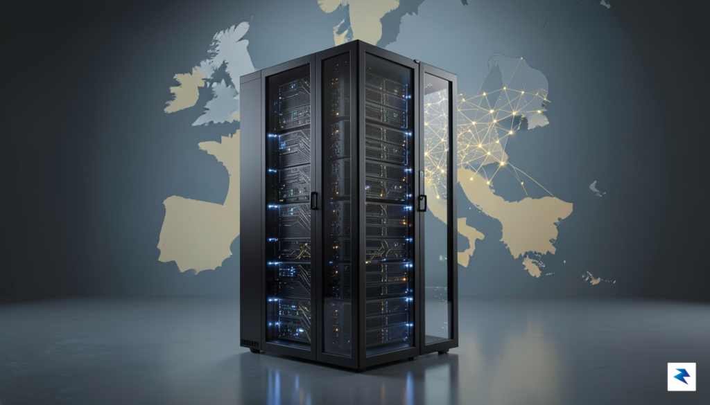 A sleek, modern data center server rack glowing with soft&hellip;