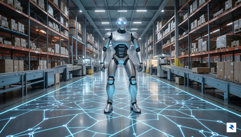 A sleek, futuristic warehouse robot navigating a complex, busy environment&hellip;