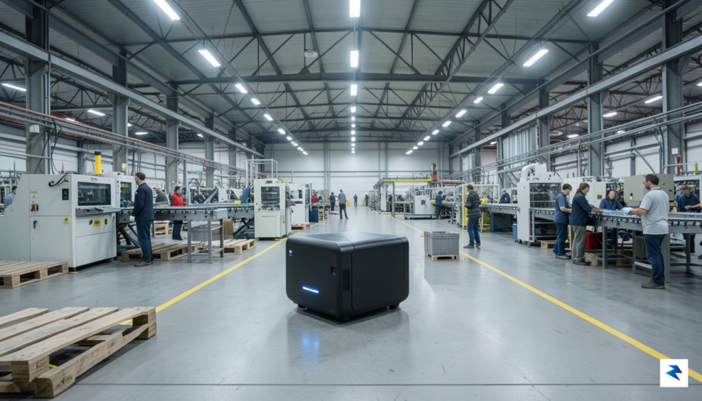 An autonomous mobile robot (AMR) navigates a busy factory floor,&hellip;