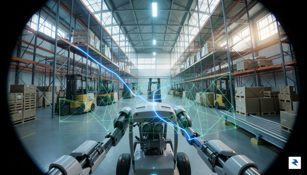 A conceptual 3D visualization showing a robot&rsquo;s perspective, where a&hellip;