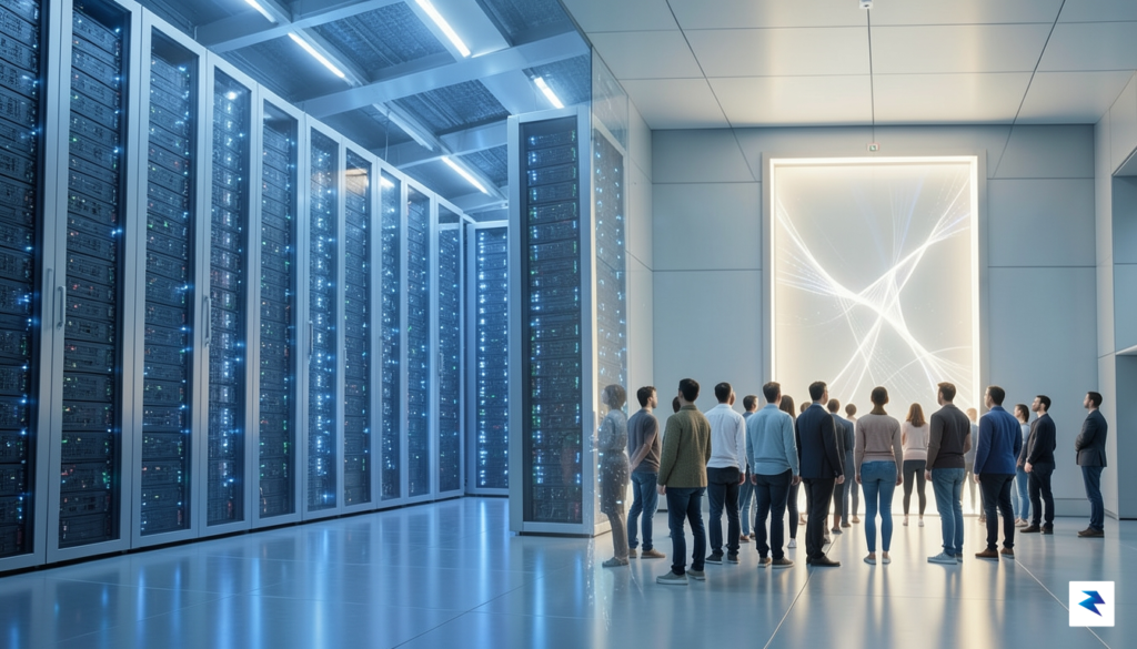 A conceptual digital art piece showing a massive, glowing server…