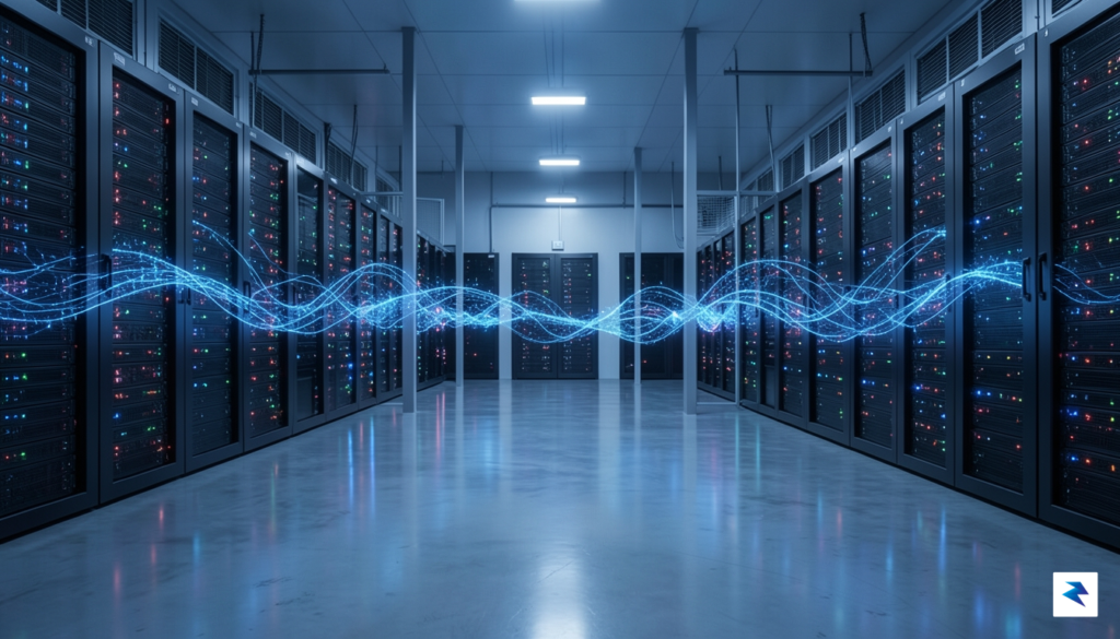 A conceptual digital visualization of a high-tech server room with…