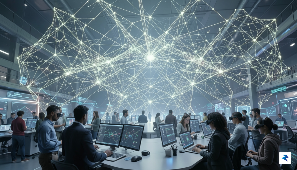 A conceptual 3D visualization showing a colossal, glowing neural network…
