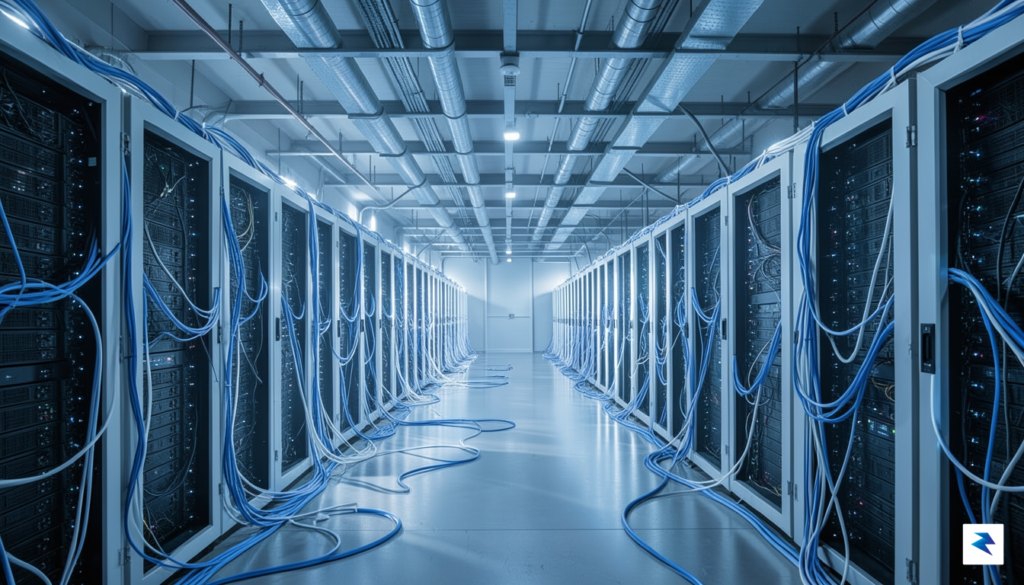 A wide-angle, cinematic shot of a massive, glowing high-tech server…