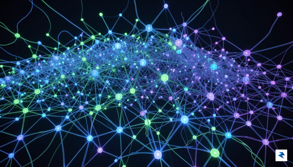 An abstract digital visualization representing a vast, interconnected neural network…
