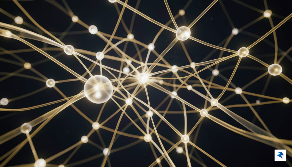 A sophisticated, abstract 3D visualization of a neural network with…