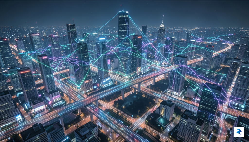 A futuristic visualization of a glowing, interconnected digital neural network…