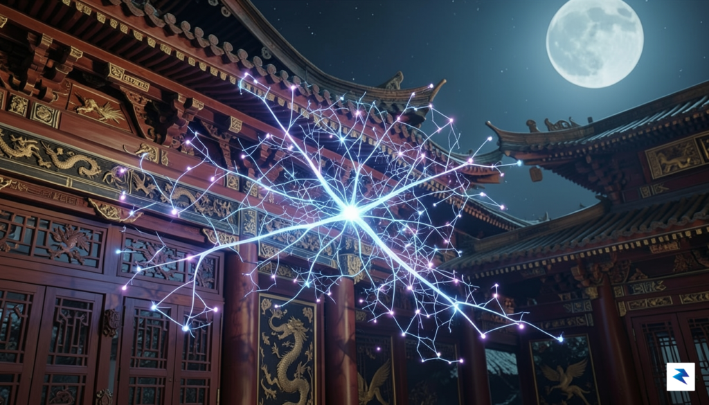 A futuristic digital rendering of a glowing neural network structure…
